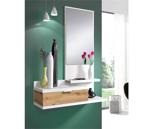 Conforama Mueble De Entrada Dmissor Entrada Con Espejo Y Cajón Bandeja De Bolsillo Para Recibidor De Apartamentos Pequeños 81x29h116 Cm Roble Blanco Y Anudado