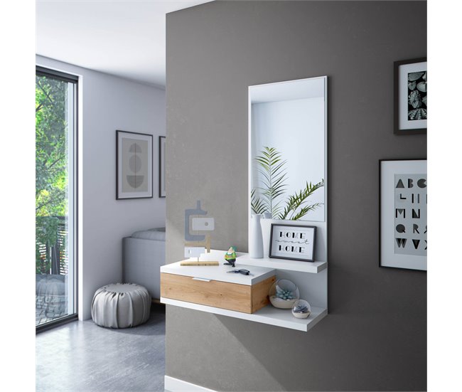Conforama Mueble De Entrada Dmissor Entrada Con Espejo Y Cajón Bandeja De Bolsillo Para Recibidor De Apartamentos Pequeños 81x29h116 Cm Roble Blanco Y Anudado