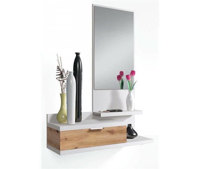 Conforama Mueble De Entrada Dmissor Entrada Con Espejo Y Cajón Bandeja De Bolsillo Para Recibidor De Apartamentos Pequeños 81x29h116 Cm Roble Blanco Y Anudado