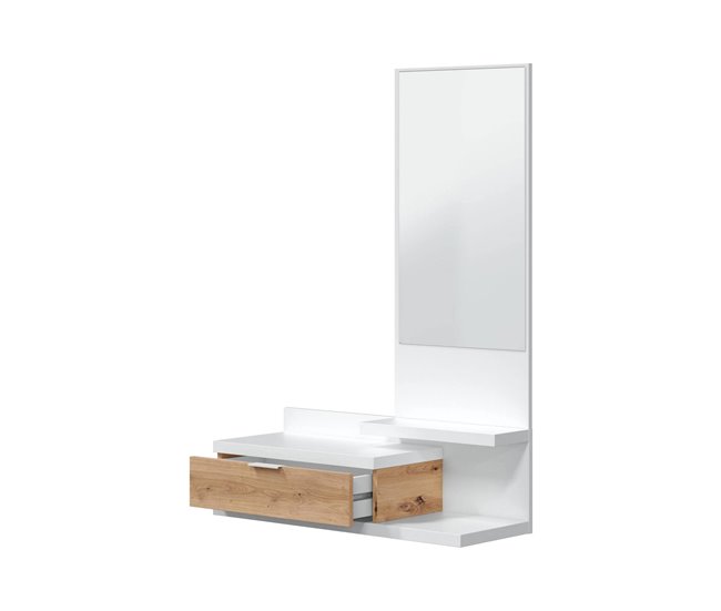 Conforama Mueble de entrada Dmissor Entrada con espejo y cajón Bandeja de bolsillo para recibidor de apartamentos pequeños 81x29h116 cm Roble blanco y anudado