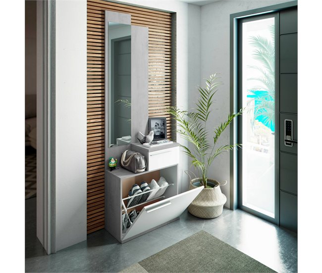 Conforama Mueble De Entrada Dner Zapatero Multifuncional Con Espejo Armario 1 Puerta Y 1 Cajón 61x28h185 Cm Cemento Y Blanco Brillo