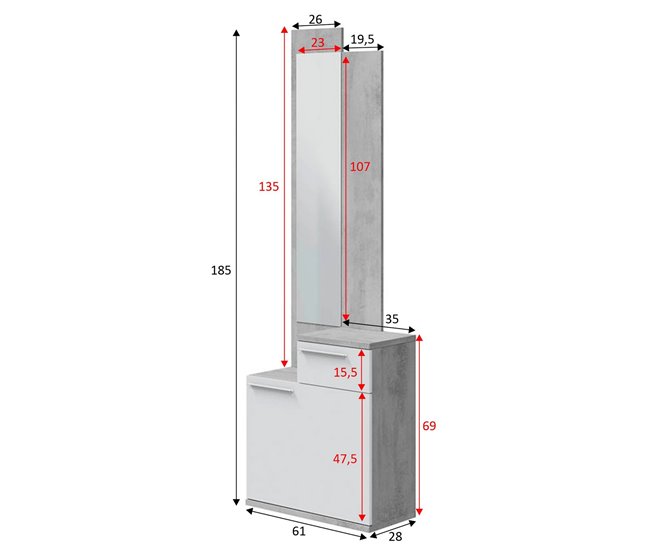 Conforama Mueble De Entrada Dner Zapatero Multifuncional Con Espejo Armario 1 Puerta Y 1 Cajón 61x28h185 Cm Cemento Y Blanco Brillo