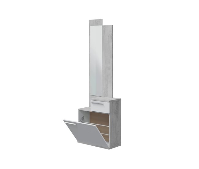 Conforama Mueble De Entrada Dner Zapatero Multifuncional Con Espejo Armario 1 Puerta Y 1 Cajón 61x28h185 Cm Cemento Y Blanco Brillo
