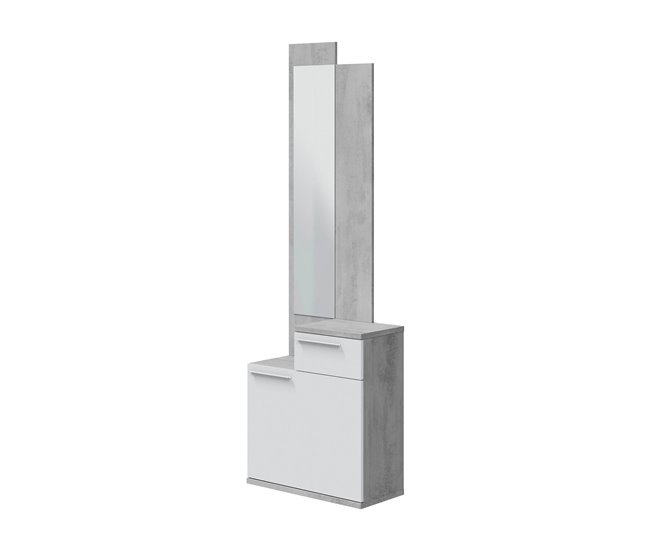 Conforama Mueble de entrada Dner Zapatero multifuncional con espejo Armario 1 puerta y 1 cajón 61x28h185 cm Cemento y Blanco Brillo