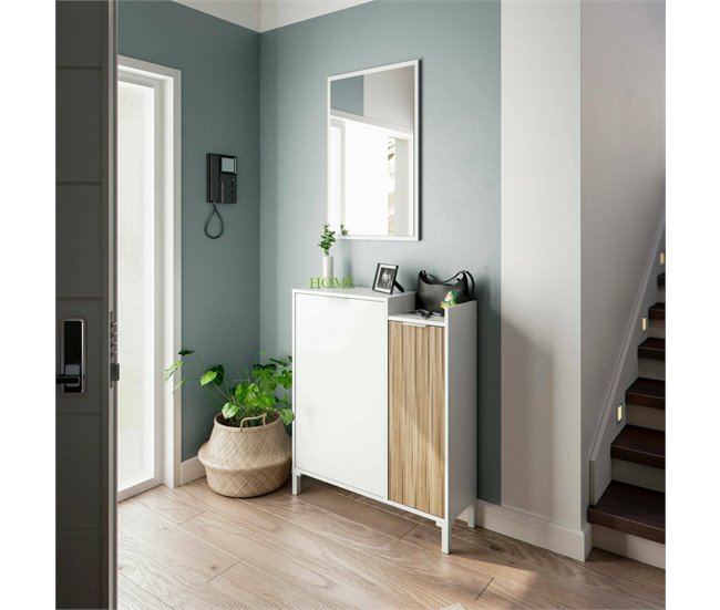 Conforama Mueble De Entrada Dodd Entrada De 2 Puertas Armario Con Espejo Almacenamiento Multifuncional 77x24h91 Cm Blanco Y Roble