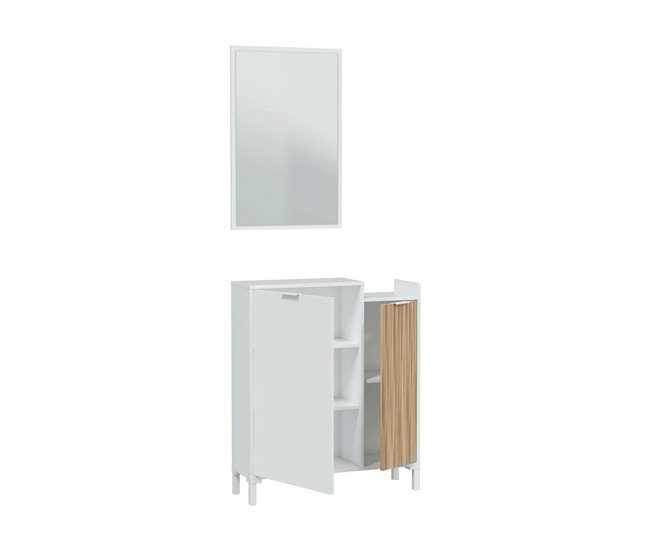 Conforama Mueble de entrada Dodd entrada de 2 puertas Armario con espejo Almacenamiento multifuncional 77x24h91 cm Blanco y Roble