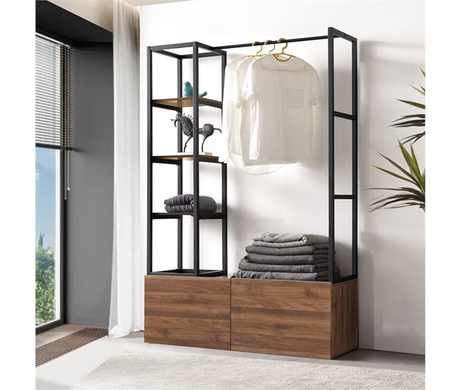 Conforama Mueble De Entrada Egmating Con Percherro Burro Y 2 Cajones Metal Y MDF 180 X 120 X 40 Cm - Negro Y Efecto Nogal [en.casa]