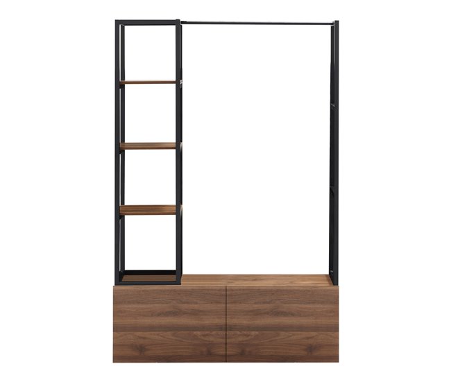 Conforama Mueble De Entrada Egmating Con Percherro Burro Y 2 Cajones Metal Y MDF 180 X 120 X 40 Cm - Negro Y Efecto Nogal [en.casa]