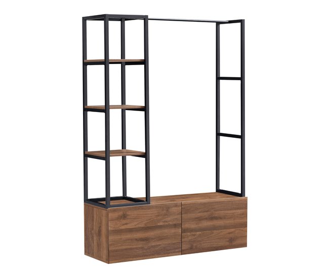 Conforama Mueble De Entrada Egmating Con Percherro Burro Y 2 Cajones Metal Y MDF 180 X 120 X 40 Cm - Negro Y Efecto Nogal [en.casa]