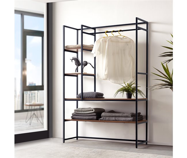 Conforama Mueble De Entrada Horgau Con Percherro Burro Y Varios Estantes Metal Y MDF 180 X 120 X 40 Cm - Negro Y Efecto Nogal [en.casa]