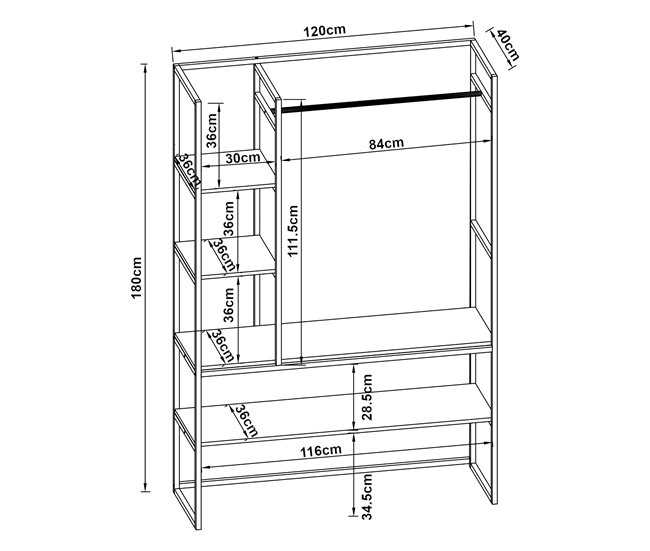 Conforama Mueble De Entrada Horgau Con Percherro Burro Y Varios Estantes Metal Y MDF 180 X 120 X 40 Cm - Negro Y Efecto Nogal [en.casa]