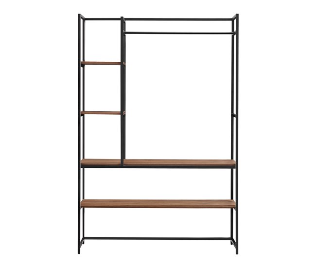 Conforama Mueble De Entrada Horgau Con Percherro Burro Y Varios Estantes Metal Y MDF 180 X 120 X 40 Cm - Negro Y Efecto Nogal [en.casa]