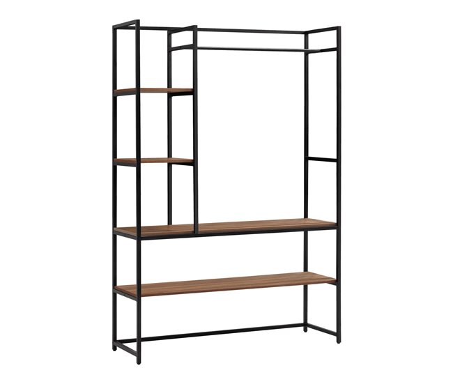 Conforama Mueble de entrada Horgau con percherro burro y varios estantes metal y MDF 180 x 120 x 40 cm - Negro y Efecto nogal [en.casa]