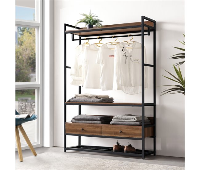 Conforama Mueble De Entrada Isen Con Barra 2 Cajones 4 Estantes Metal Y MDF 180 X 120 X 40 Cm - Negro Y Efecto Nogal [en.casa]