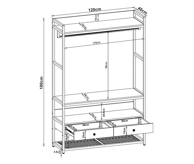 Conforama Mueble De Entrada Isen Con Barra 2 Cajones 4 Estantes Metal Y MDF 180 X 120 X 40 Cm - Negro Y Efecto Nogal [en.casa]