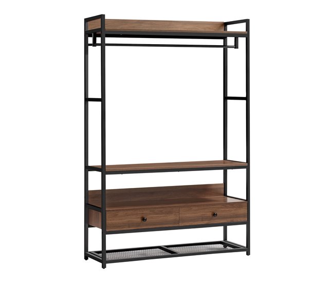 Conforama Mueble de entrada Isen con barra 2 cajones 4 estantes metal y MDF 180 x 120 x 40 cm - Negro y Efecto nogal [en.casa]