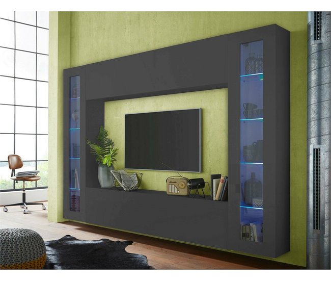 Conforama Mueble De Pared Delma Mueble De Salón Con Soporte Para TV De 4 Puertas Mueble De Salón Multiusos Con Vitrina Y Luz LED 100% Made In Italy 260x30h180 Cm Antracita