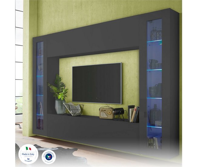 Conforama Mueble De Pared Delma Mueble De Salón Con Soporte Para TV De 4 Puertas Mueble De Salón Multiusos Con Vitrina Y Luz LED 100% Made In Italy 260x30h180 Cm Antracita