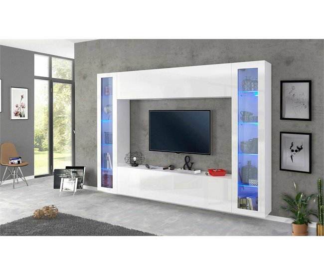 Conforama Mueble De Pared Dgirm Mueble De Salón Con Mueble TV De 4 Puertas Mueble De Salón Multiusos 100% Made In Italy 260x30h180 Cm Blanco Brillo Con Luz LED Azul Y Dos Vitrinas