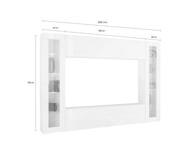 Conforama Mueble De Pared Dgirm Mueble De Salón Con Mueble TV De 4 Puertas Mueble De Salón Multiusos 100% Made In Italy 260x30h180 Cm Blanco Brillo Con Luz LED Azul Y Dos Vitrinas
