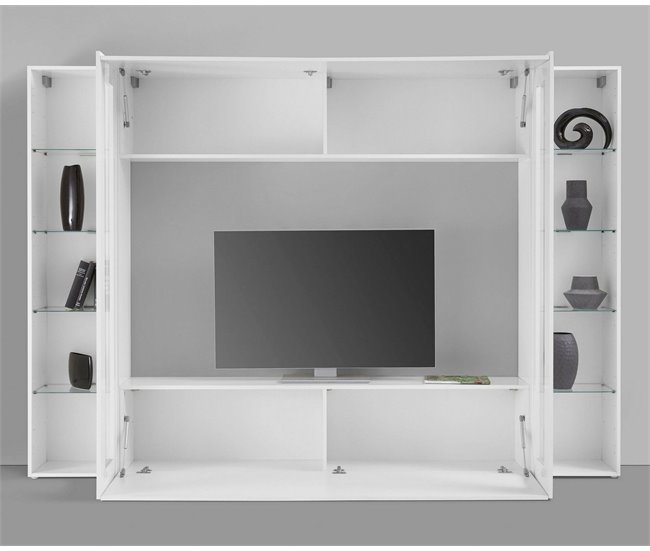 Conforama Mueble De Pared Dgirm Mueble De Salón Con Mueble TV De 4 Puertas Mueble De Salón Multiusos 100% Made In Italy 260x30h180 Cm Blanco Brillo Con Luz LED Azul Y Dos Vitrinas