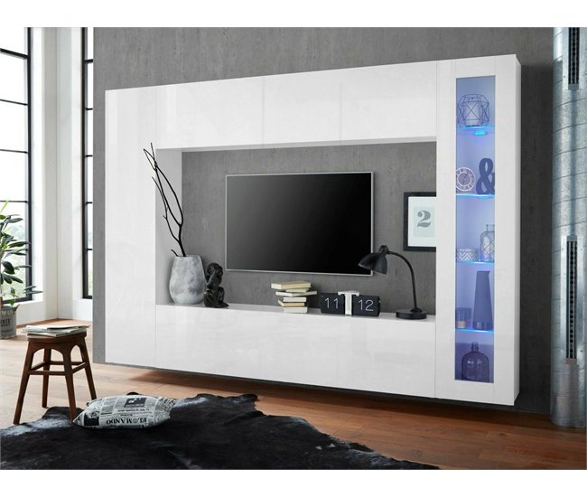 Conforama Mueble De Pared Dgirm Mueble De Salón Con Mueble TV De 4 Puertas Mueble De Salón Multiusos 100% Made In Italy 260x30h180 Cm Blanco Brillo Con Luz LED Azul Y Vitrina
