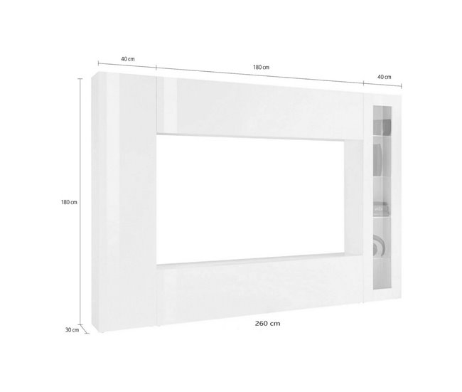 Conforama Mueble De Pared Dgirm Mueble De Salón Con Mueble TV De 4 Puertas Mueble De Salón Multiusos 100% Made In Italy 260x30h180 Cm Blanco Brillo Con Luz LED Azul Y Vitrina