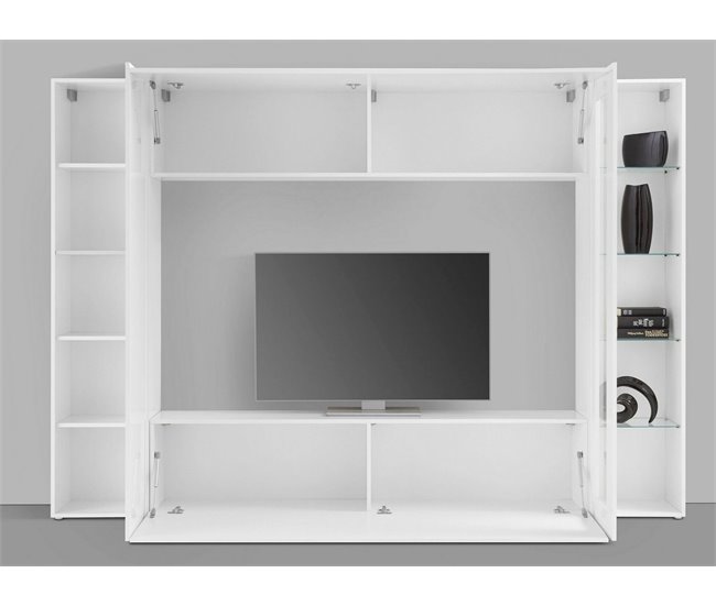 Conforama Mueble De Pared Dgirm Mueble De Salón Con Mueble TV De 4 Puertas Mueble De Salón Multiusos 100% Made In Italy 260x30h180 Cm Blanco Brillo Con Luz LED Azul Y Vitrina