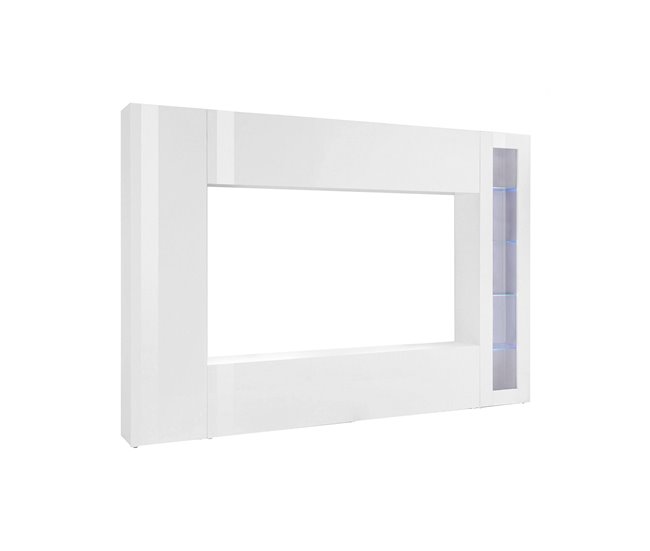 Conforama Mueble de pared Dgirm mueble de salón con mueble TV de 4 puertas Mueble de salón multiusos 100% Made in Italy 260x30h180 cm Blanco brillo con luz LED azul y vitrina