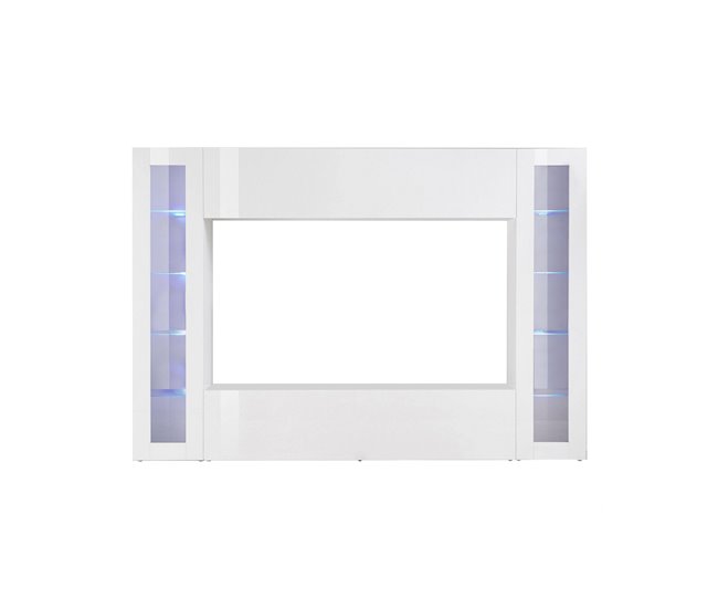 Conforama Mueble de pared Dgirm mueble de salón con mueble TV de 4 puertas Mueble de salón multiusos 100% Made in Italy 260x30h180 cm Blanco brillo con luz LED azul y dos vitrinas