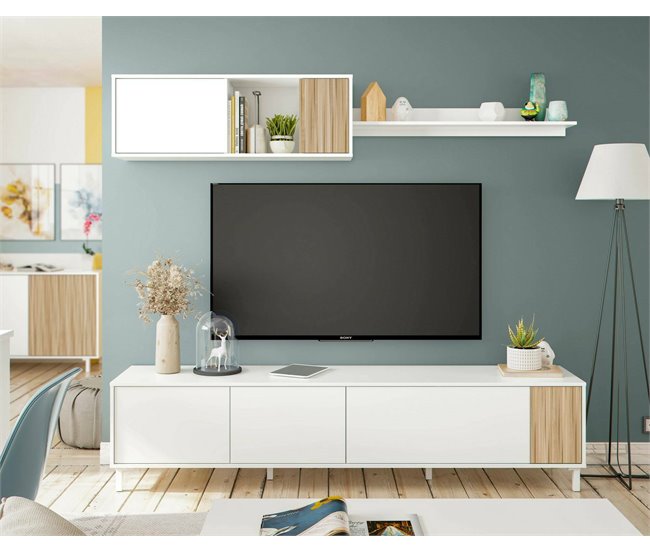Conforama Mueble De Pared Dolze Mueble De Salón Con Puertas Armario Colgante Con Estante Aparador Multiusos 200x40h47 Cm Blanco Y Roble