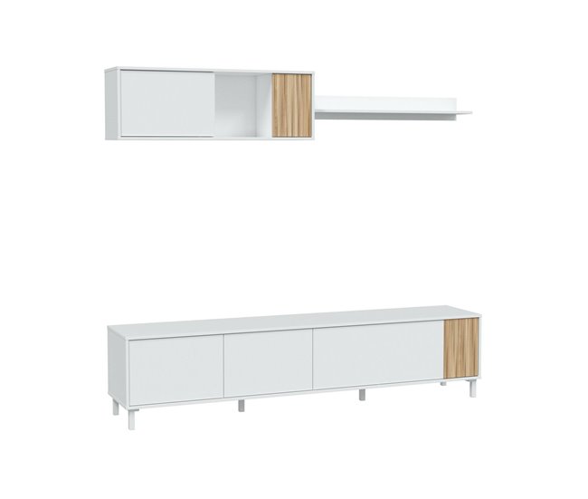 Conforama Mueble de pared Dolze Mueble de salón con puertas Armario colgante con estante Aparador multiusos 200x40h47 cm Blanco y Roble