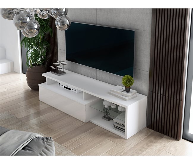 Conforama Mueble De Televisión Dabaka Aparador De Salón Mueble Bajo Para TV Base De Pared Equipada 160x38h41 Cm Blanco Y Blanco Brillante