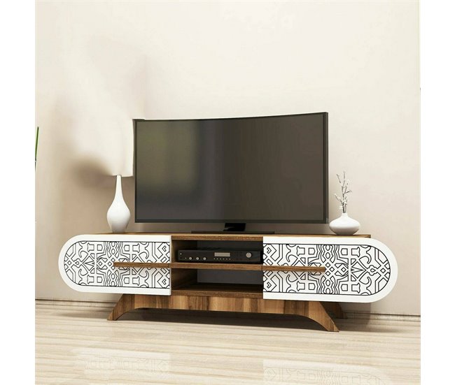 Conforama Mueble De Televisión Desposit Aparador De Salón Mueble Bajo Para TV Base De Pared Equipada 145x37h37 Cm Nogal Y Blanco
