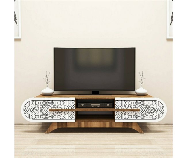 Conforama Mueble De Televisión Desposit Aparador De Salón Mueble Bajo Para TV Base De Pared Equipada 145x37h37 Cm Nogal Y Blanco