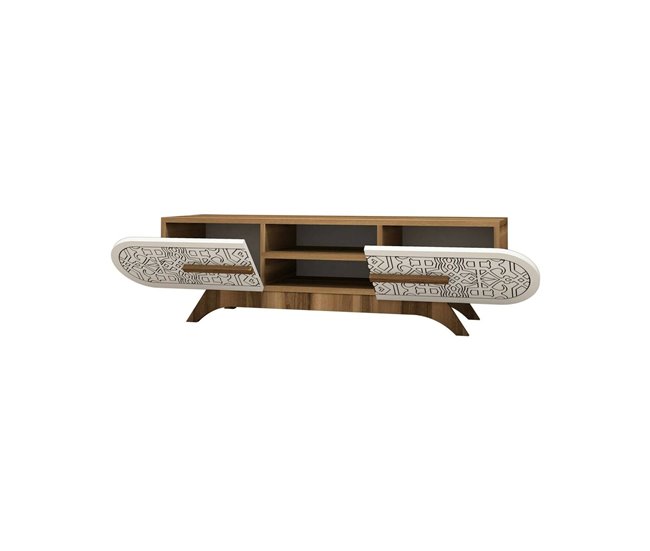 Conforama Mueble de televisión Desposit Aparador de salón Mueble bajo para TV Base de pared equipada 145x37h37 cm Nogal y Blanco