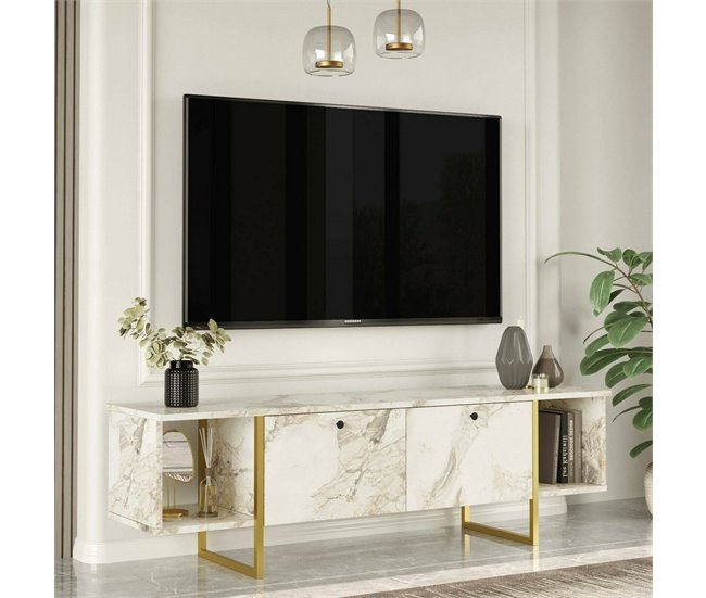 Conforama Mueble De Televisión Dflorian Aparador De Salón Mueble Bajo Para TV Base De Pared Equipada 160x40h48 Cm Blanco Y Oro