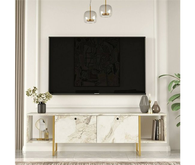 Conforama Mueble De Televisión Dflorian Aparador De Salón Mueble Bajo Para TV Base De Pared Equipada 160x40h48 Cm Blanco Y Oro