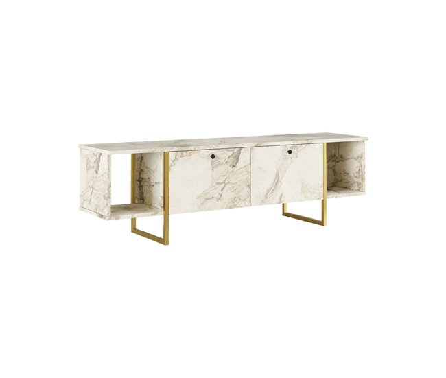 Conforama Mueble de televisión Dflorian Aparador de salón Mueble bajo para TV Base de pared equipada 160x40h48 cm Blanco y Oro