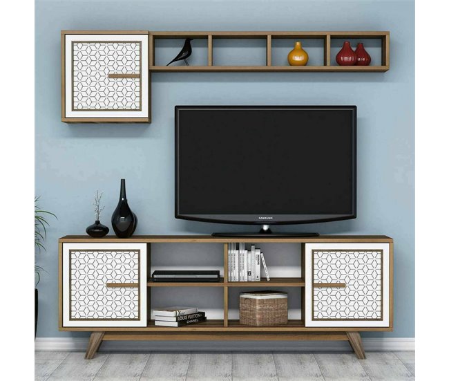 Conforama Mueble De Televisión Djajal Aparador De Salón Mueble Bajo Para TV Base De Pared Equipada 160x35h56 Cm Nogal Y Blanco