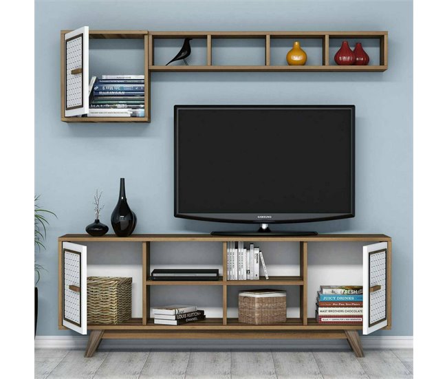 Conforama Mueble De Televisión Djajal Aparador De Salón Mueble Bajo Para TV Base De Pared Equipada 160x35h56 Cm Nogal Y Blanco