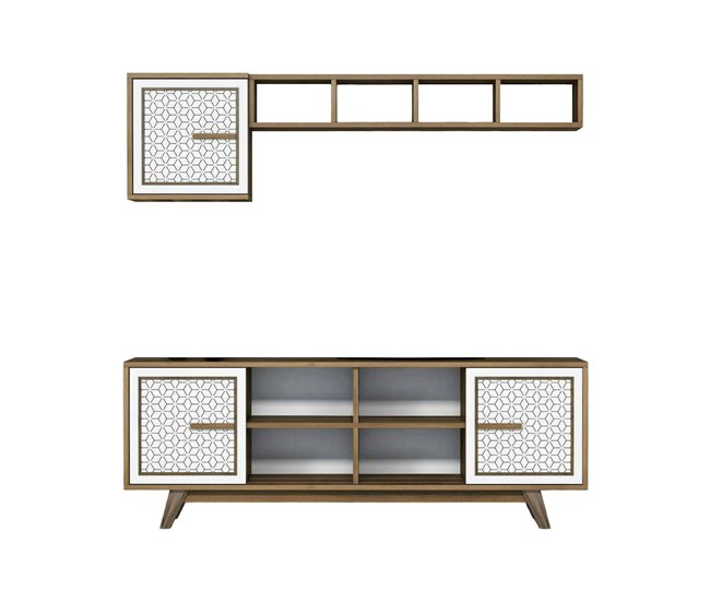 Conforama Mueble de televisión Djajal Aparador de salón Mueble bajo para TV Base de pared equipada 160x35h56 cm Nogal y Blanco