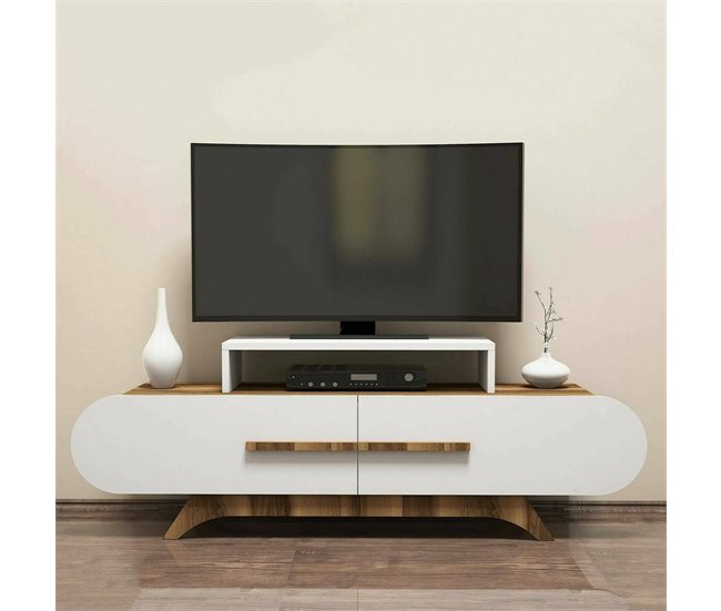 Conforama Mueble De Televisión Dkastano Aparador De Salón Mueble Bajo Para TV Base De Pared Equipada 145x37h50 Cm Nogal Y Blanco