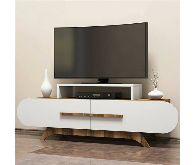Conforama Mueble De Televisión Dkastano Aparador De Salón Mueble Bajo Para TV Base De Pared Equipada 145x37h50 Cm Nogal Y Blanco