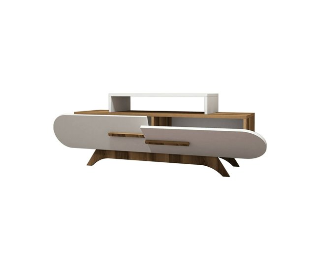 Conforama Mueble de televisión Dkastano Aparador de salón Mueble bajo para TV Base de pared equipada 145x37h50 cm Nogal y Blanco