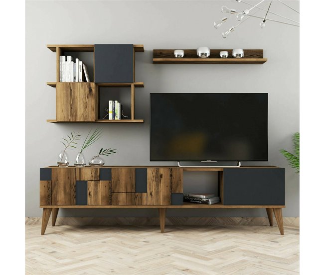 Conforama Mueble De Televisión Docchiut Aparador De Salón Mueble Bajo Para TV Base De Pared Equipada 180x34h49 Cm Nogal Y Antracita