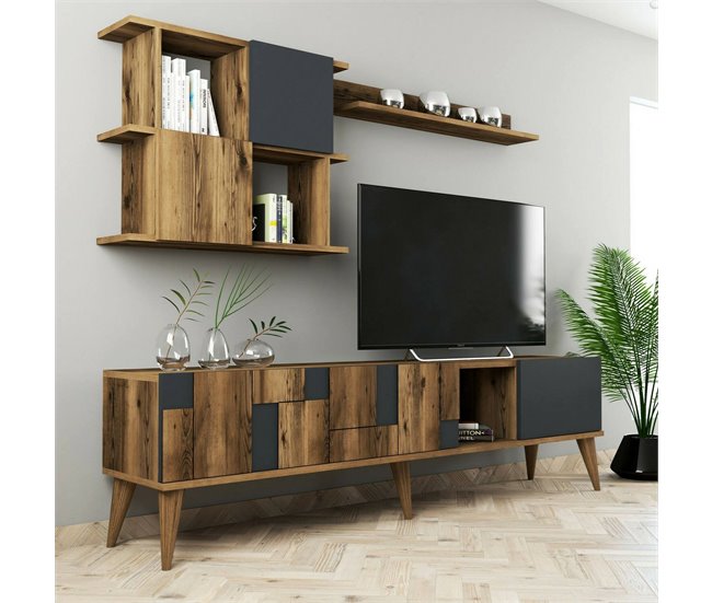 Conforama Mueble De Televisión Docchiut Aparador De Salón Mueble Bajo Para TV Base De Pared Equipada 180x34h49 Cm Nogal Y Antracita