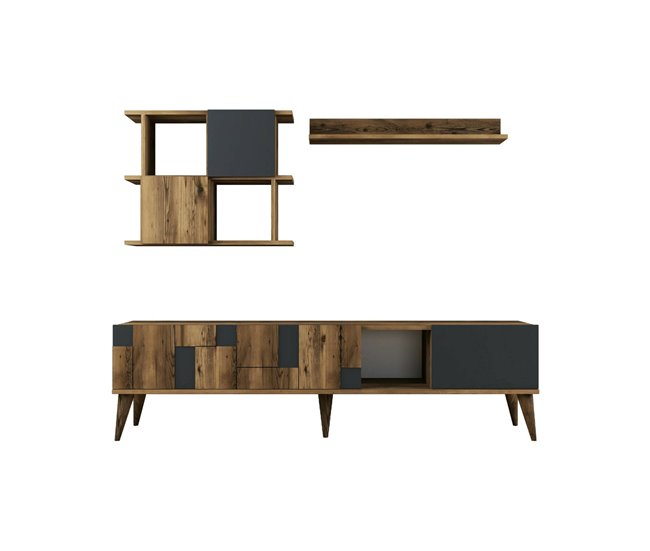 Conforama Mueble de televisión Docchiut Aparador de salón Mueble bajo para TV Base de pared equipada 180x34h49 cm Nogal y Antracita