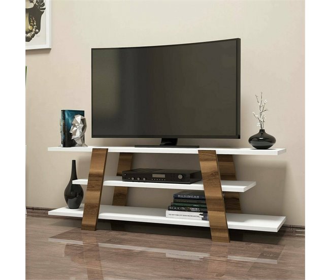Conforama Mueble De Televisión Doukhadd Aparador De Salón Mueble Bajo Para TV Base De Pared Equipada 120x34h42 Cm Nogal Y Blanco