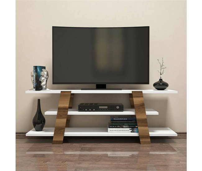 Conforama Mueble De Televisión Doukhadd Aparador De Salón Mueble Bajo Para TV Base De Pared Equipada 120x34h42 Cm Nogal Y Blanco